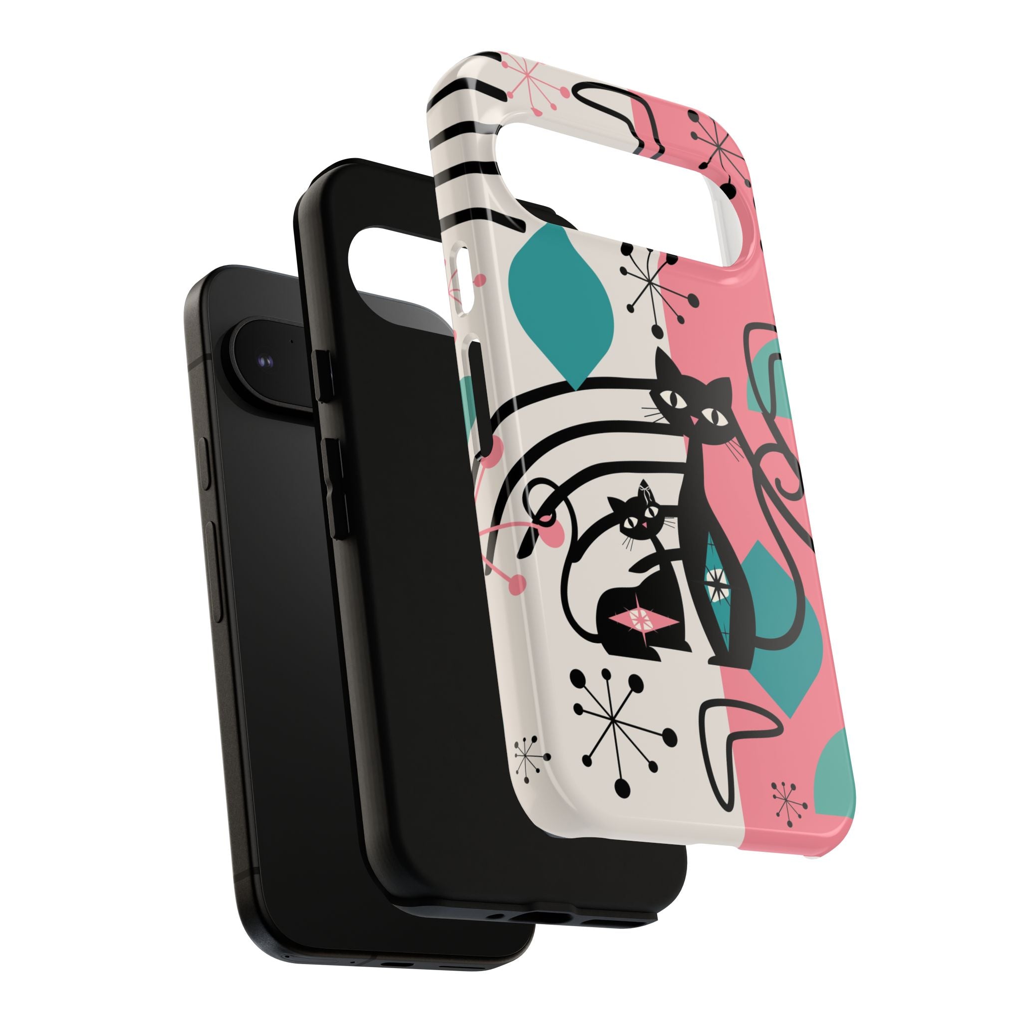 Mid Mod Atomic Cat Boomerang Starburst, Pink, Black Kitschy Stylish Cat Phone Case: Modern Design for Cat Lovers