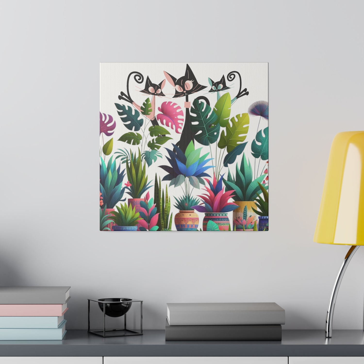 Cats And Plants, Crazy Cat Mom, Boho Plants, Funky Fun Colorful Office, Livingroom, Bedroom Atomic Cat Mid Century Modern Wall Art