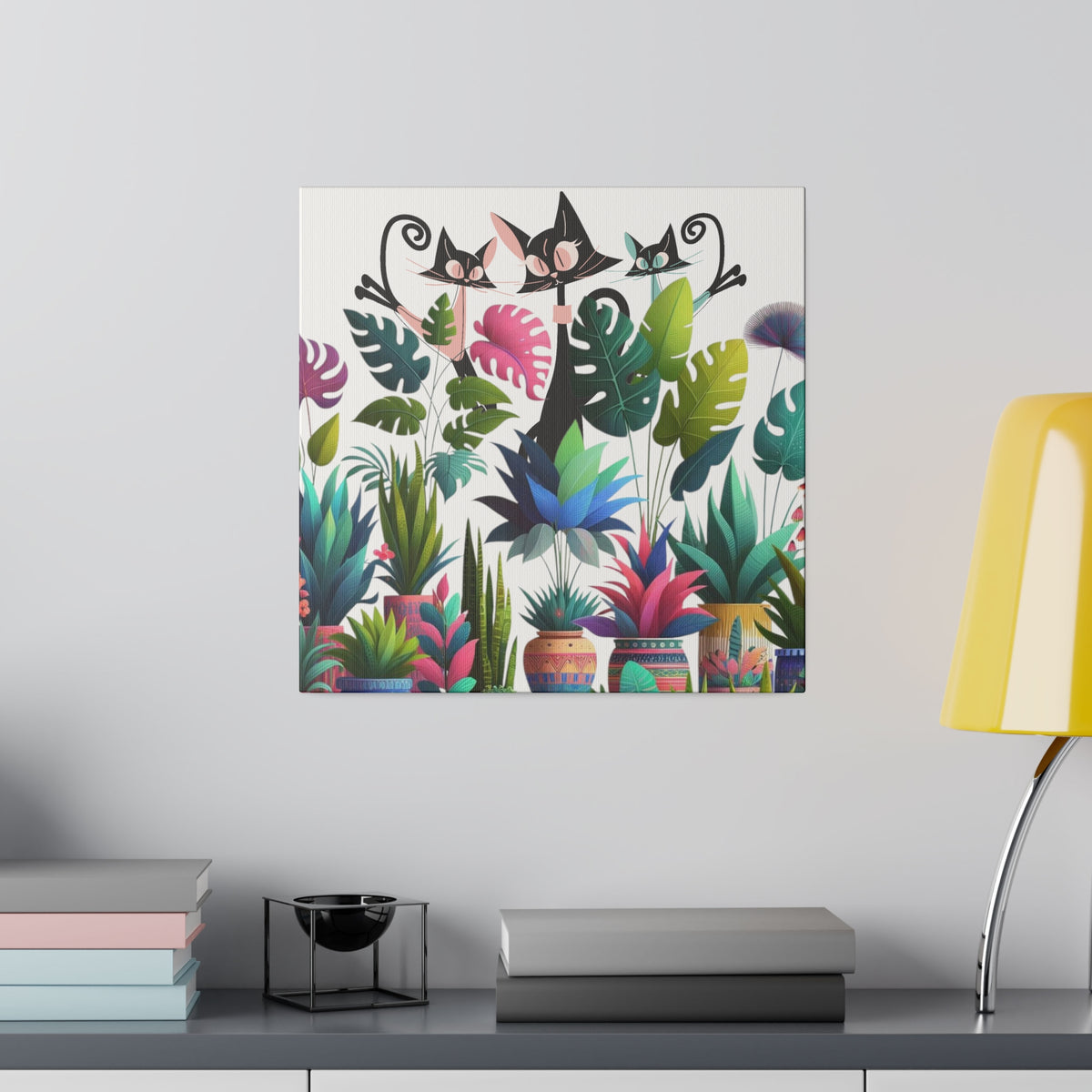 Cats And Plants, Crazy Cat Mom, Boho Plants, Funky Fun Colorful Office, Livingroom, Bedroom Atomic Cat Mid Century Modern Wall Art - Mid Century Modern Gal