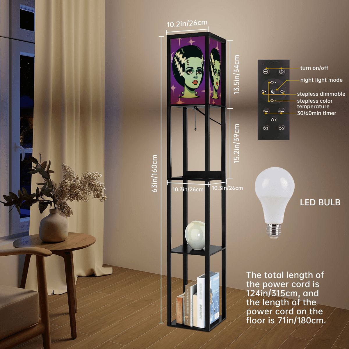 Bride of Frankenstein Retro Mid Mod Horror Buff Purple Halloween Floor Lamp with Shelves - Mid Century Modern Gal