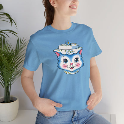 Mid Century Modern Kitschy Anthropomorphic Blue Cat with Floral Hat Unisex T-Shirt
