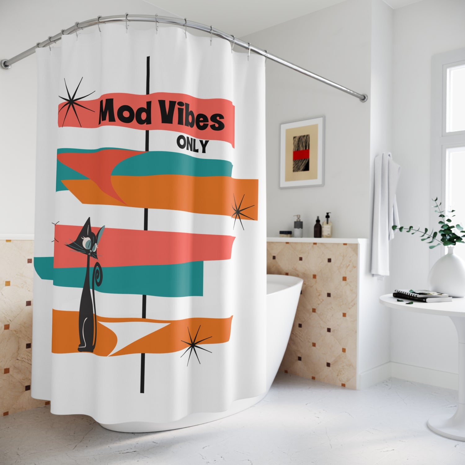 Atomic Cat Mid-Century Modern Shower Curtain - Mod Vibes Only - Mid Century Modern Gal