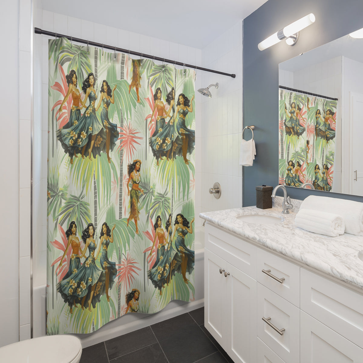 Vintage 1950’s, 60s Hawaiian Polynesian Dancers Mid Century Modern Style Shower Curtain - Mid Century Modern Gal
