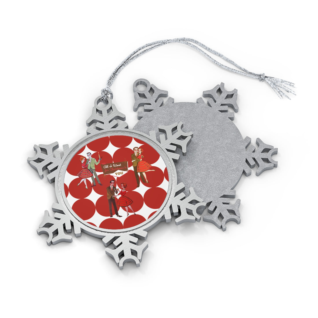 All I Want For Christmas Is You, Kitschy 50s Mod Couples Pewter Snowflake Ornament - Mid Century Modern Gal