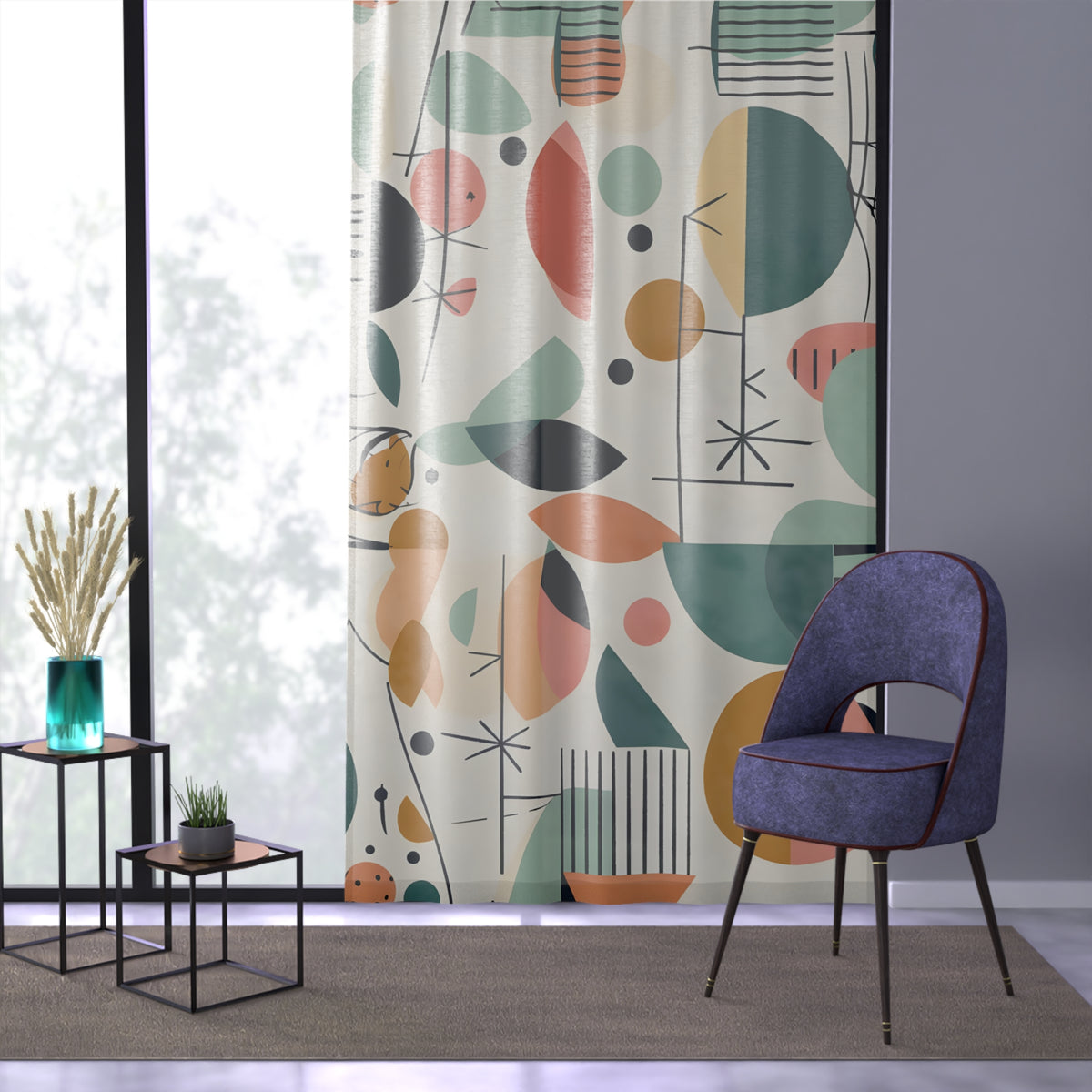 Mid Century Modern Geometric Boho Mod Retro Sheer Window Curtain - Mid Century Modern Gal