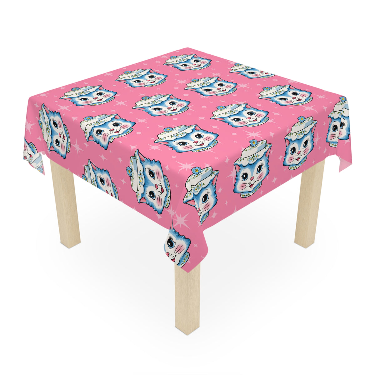 Mid Century Modern Kitschy Anthropomorphic Blue Cat with Floral Hat Tablecloth - Mid Century Modern Gal
