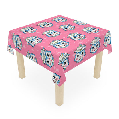 Mid Century Modern Kitschy Anthropomorphic Blue Cat with Floral Hat Tablecloth - Mid Century Modern Gal