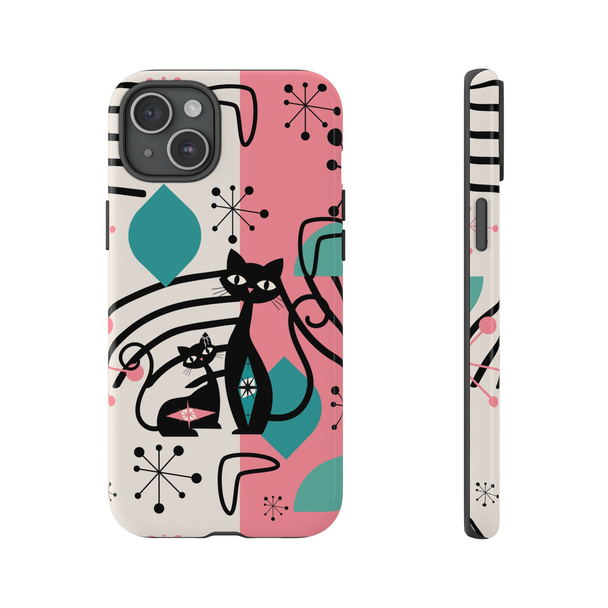 Mid Mod Atomic Cat Boomerang Starburst, Pink, Black Kitschy Stylish Cat Phone Case: Modern Design for Cat Lovers - Mid Century Modern Gal