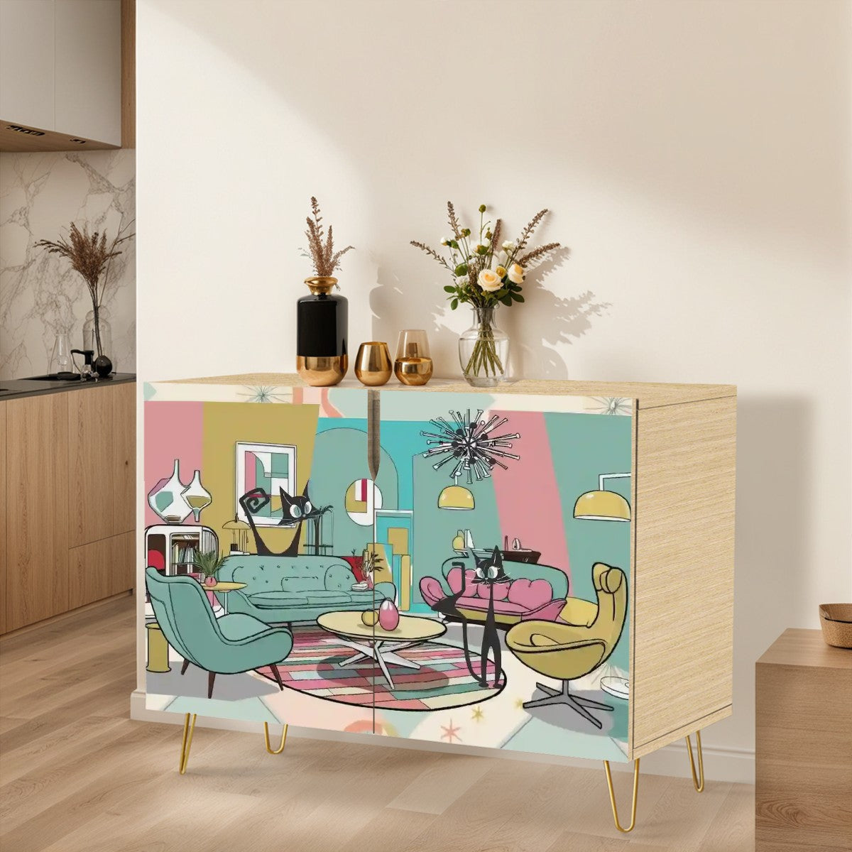 Mid Century Modern Kitschy Atomic Cats, Mod Livingroom, Credenza, TV MCM Barware Wooden Storage Cabinet - Mid Century Modern Gal