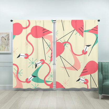 Mid Century Modern Flamingo Kitschy Fun Quirky Retro Window Curtains (two panels) - Mid Century Modern Gal