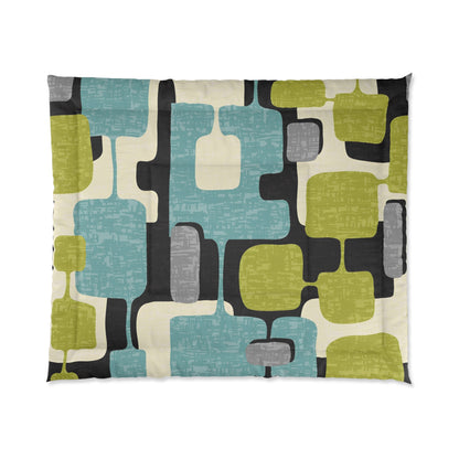 Atomic Living Bedding, Mid Century Modern, Gray, Lemon Lime Green, Aqua Blue, Geometric Retro Comforter - Mid Century Modern Gal