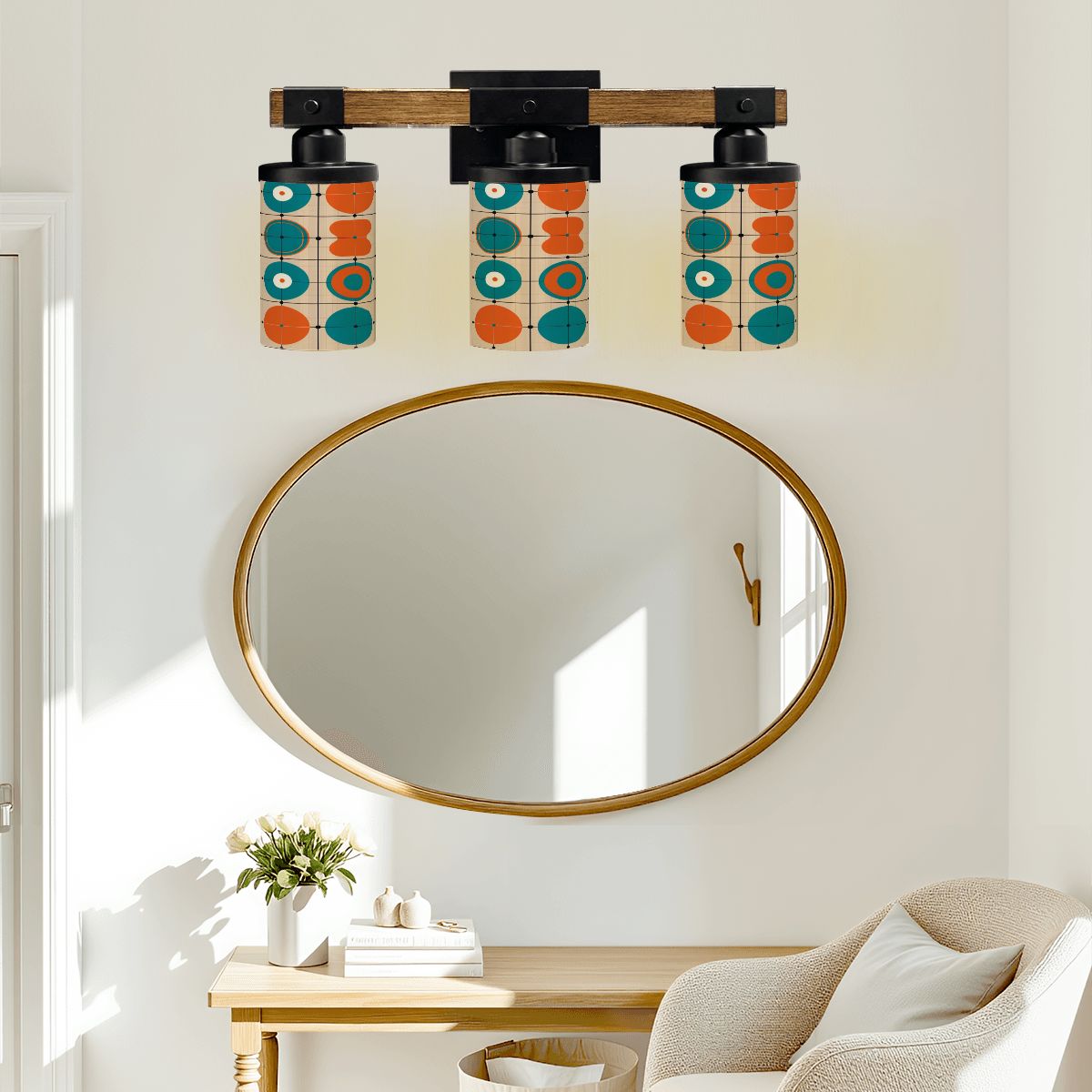 Mid Century Modern Vanity Light Fixture, Geometric Orange Teal Tan Bathroom Light Fixture - Mid Century Modern Gal