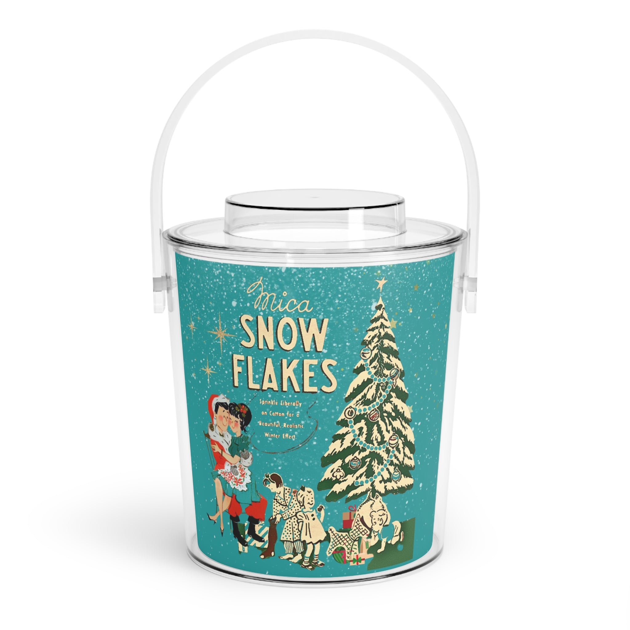 Mid Century Modern 50s Kitschy Christmas, Mica Snow, Holiday Kitsch Ice Bucket with Tongs By MCM GAL