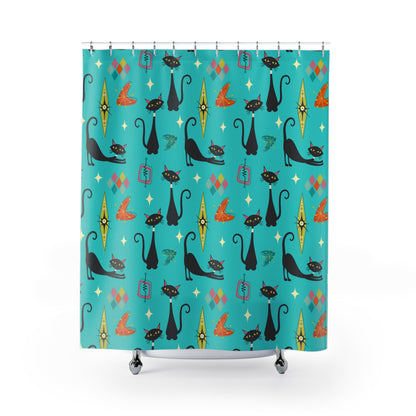 Atomic Cats Starbursts Boomerangs Kitschy Mod Retro Cat Shower Curtain - Mid Century Modern Gal