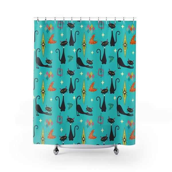 Atomic Cats Starbursts Boomerangs Kitschy Mod Retro Cat Shower Curtain