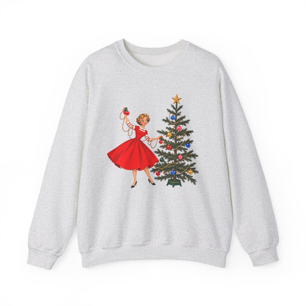 Mid Century Modern Gal Decorating Christmas Tree Unisex Heavy Blend™ Crewneck Sweatshirt - Mid Century Modern Gal