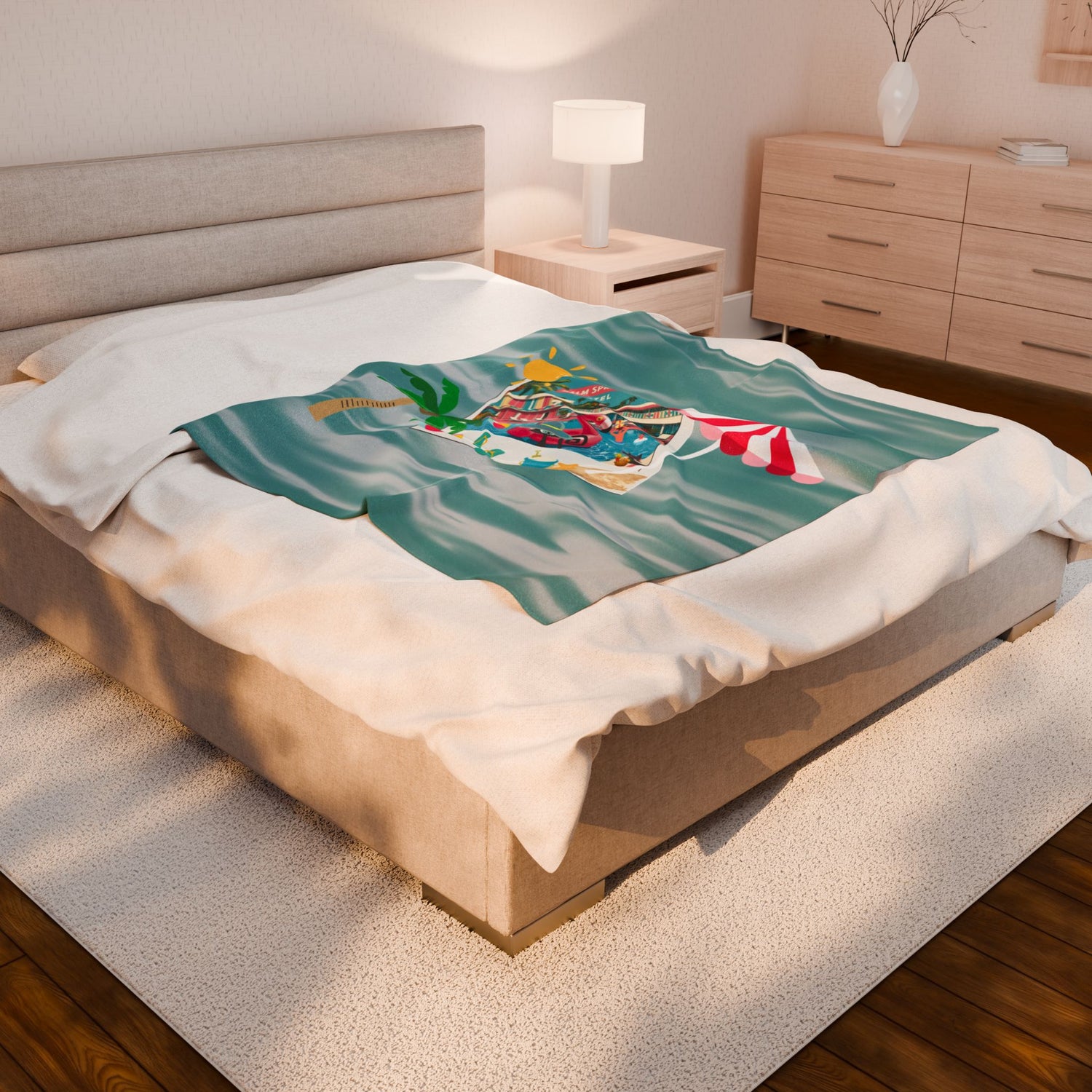 Palm Springs Hotel Retro Mod Flamingo And Atomic Cats, Tropical Getaway Velveteen Plush Blanket - Perfect for Beach Days and Cozy Nights - Mid Century Modern Gal