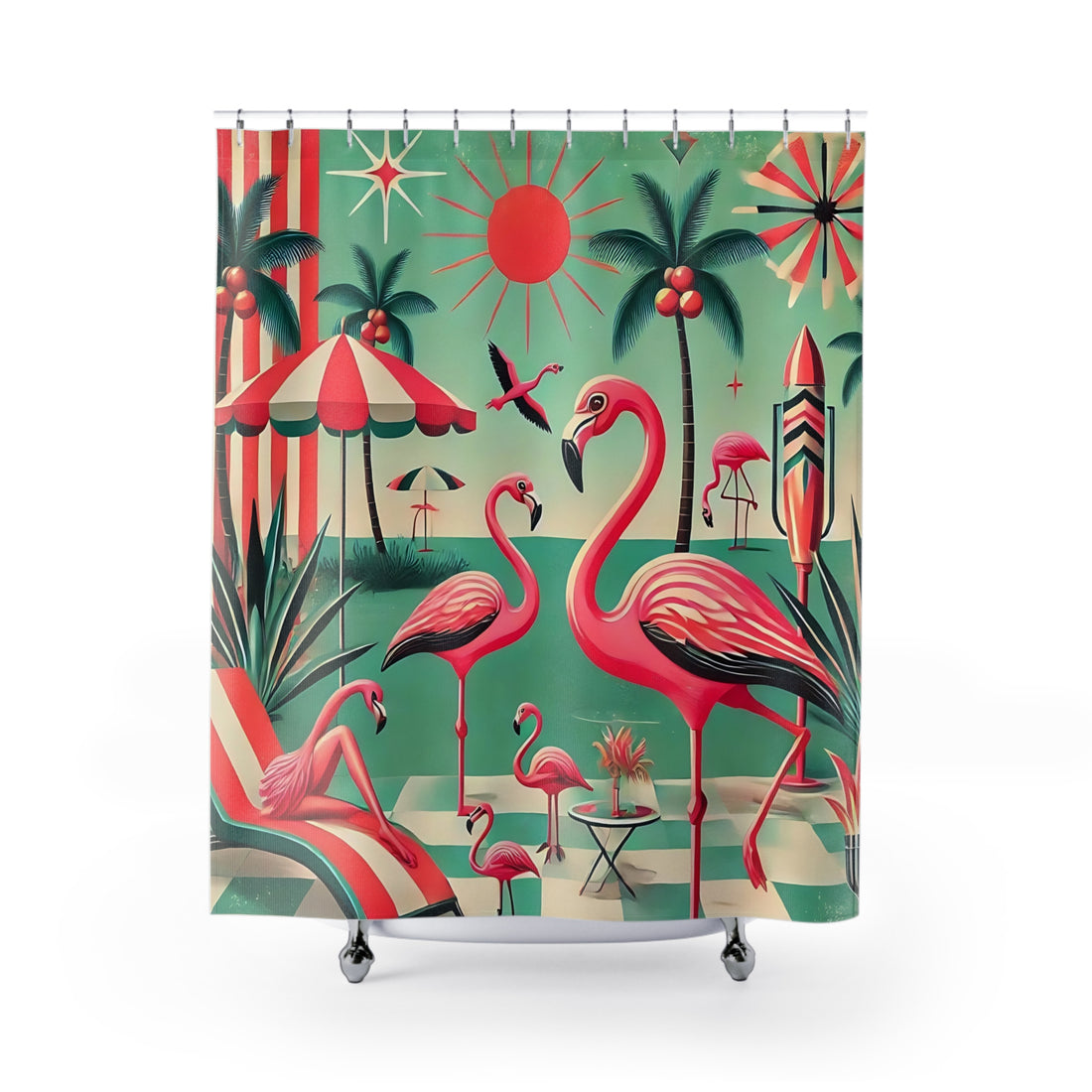 Flamingo Shower Curtain, Quirky Kitsch Mid Century Mod Bathroom Decor