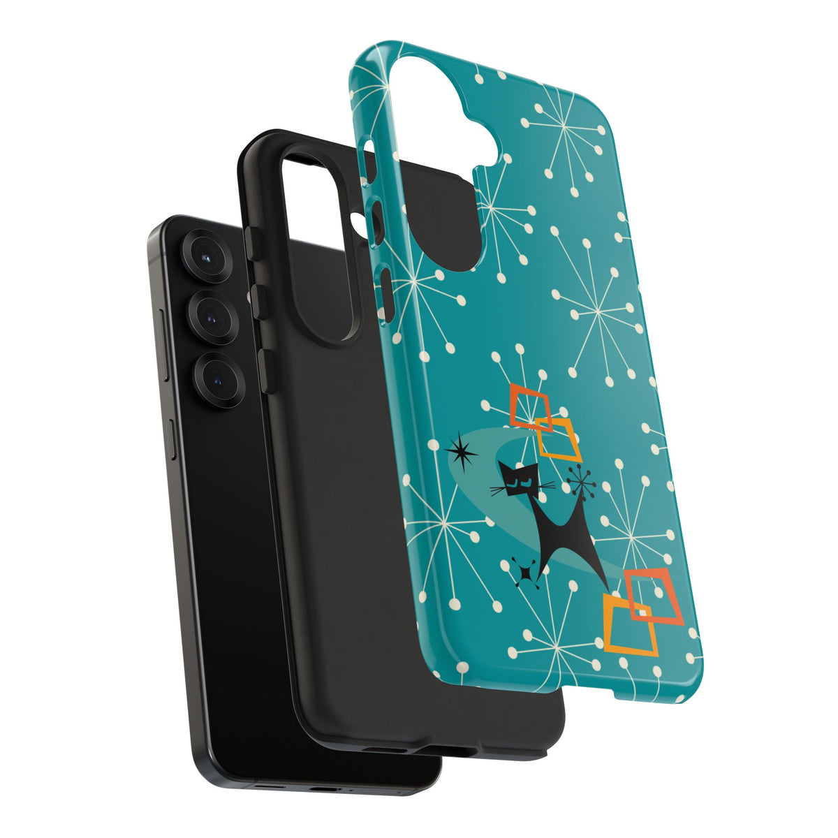 Atomic Space Cat, Starburst Blue, Retro Groovy Smart Phone Tough Phone Cases