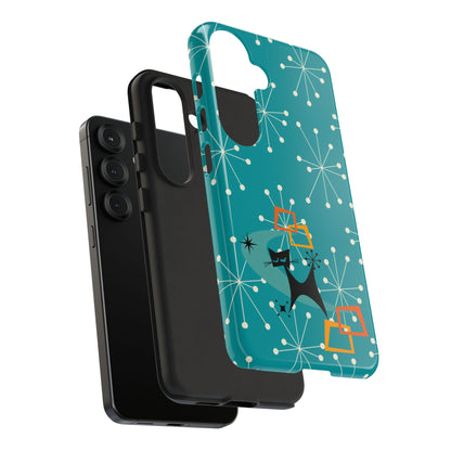 Atomic Space Cat, Starburst Blue, Retro Groovy Smart Phone Tough Phone Cases