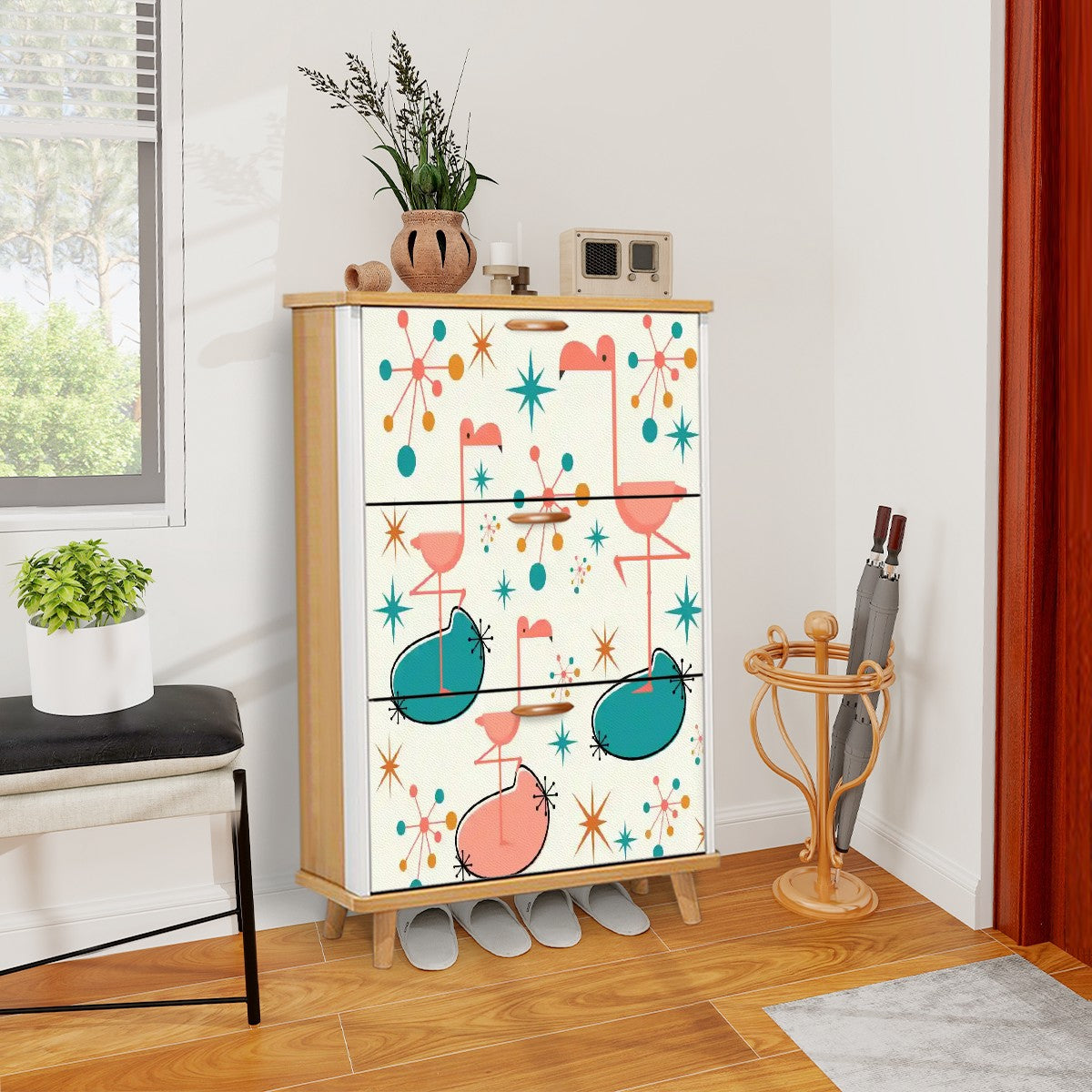 Palm Springs California Kitschy Flamingo Mid Mod Shoe Cabinet - Mid Century Modern Gal
