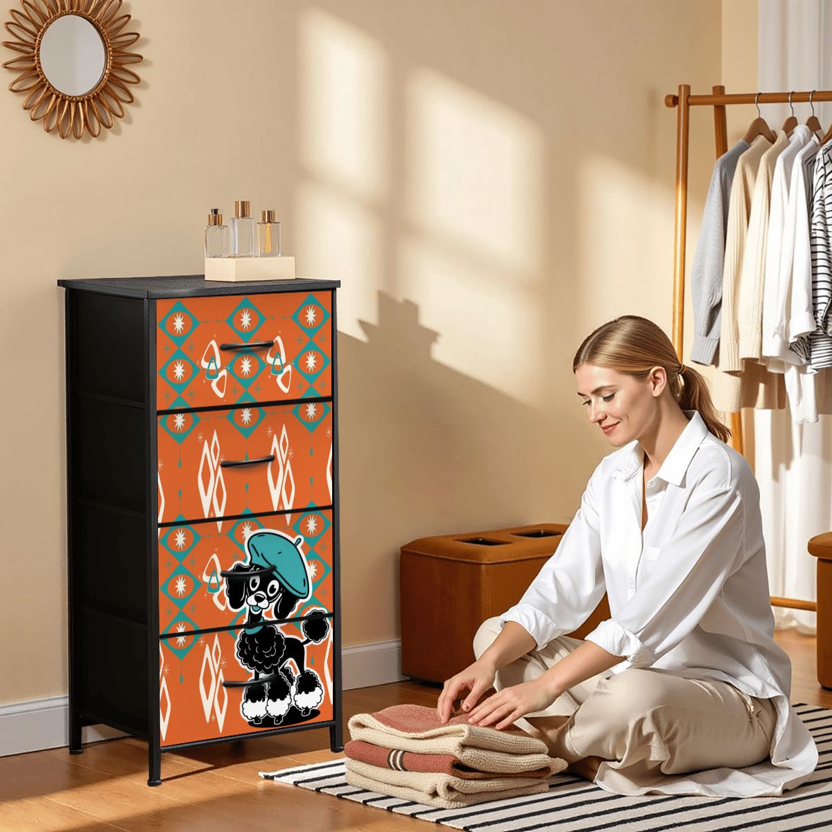 Atomic Orange Starburst Diamonds, Teal Mid Century Modern Kitschy Mod Poodle 4-Drawer Dresser - Mid Century Modern Gal