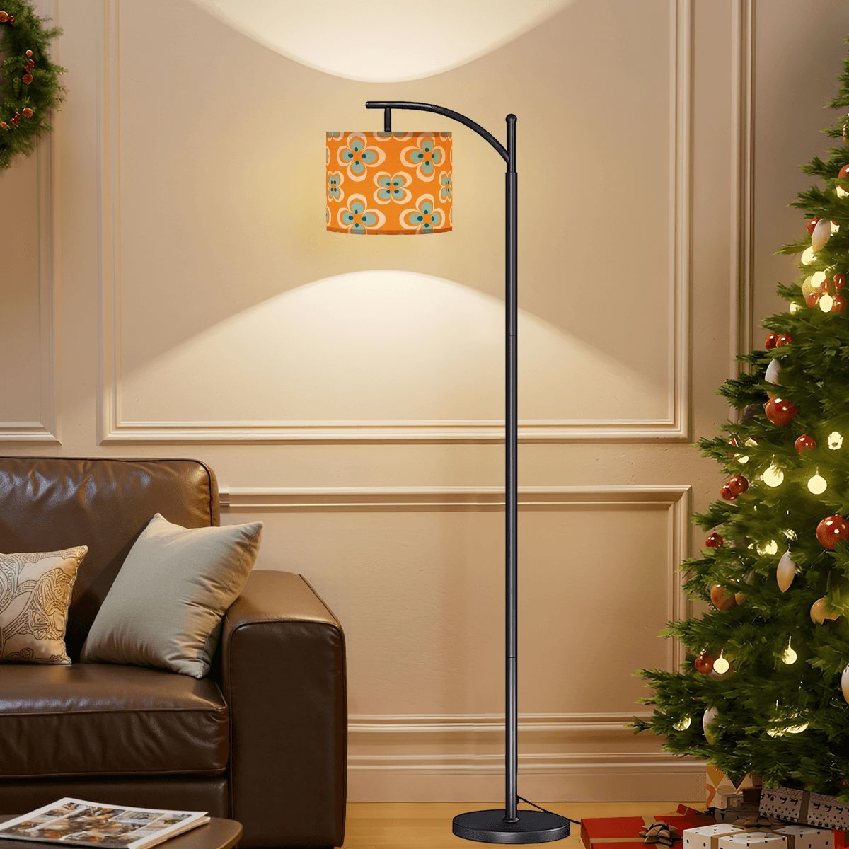 Mid Century Modern Scandinavian Modern Danish Orange, Blue Floral MCM Arc Floor Lamp - Mid Century Modern Gal