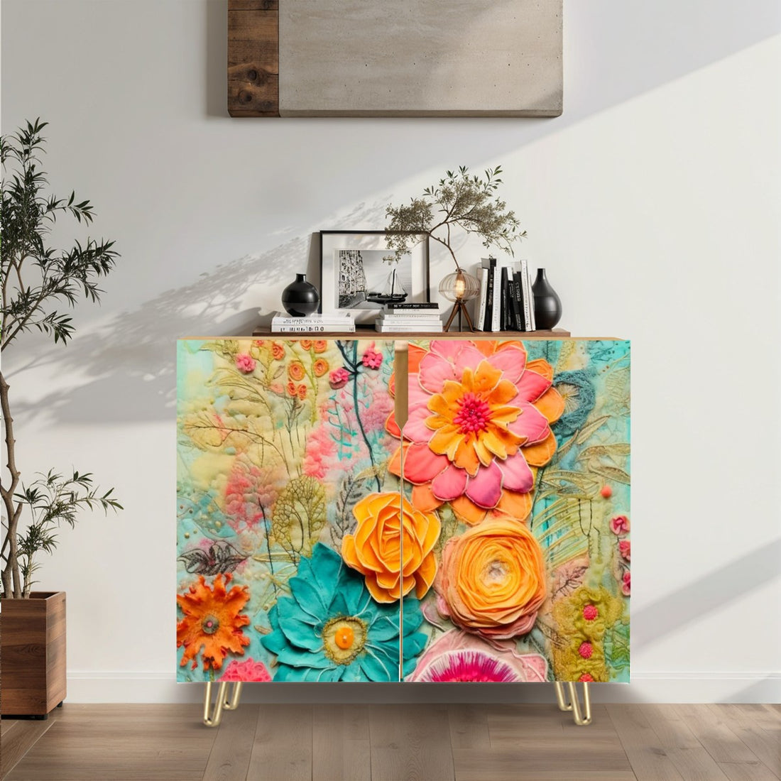 Bohemian Retro Flower, Faux Pressed Floral Mod Wooden Storage Cabinet - Mid Century Modern Gal