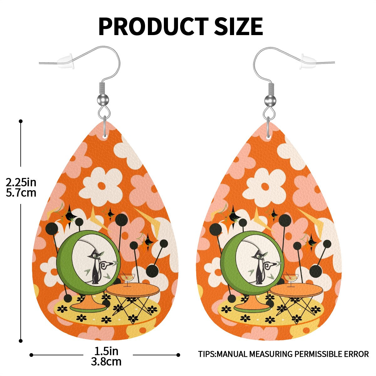 Retro Earrings, 70s Flower Power, Atomic Martini Cat Funky Teardrop Earrings - Mid Century Modern Gal