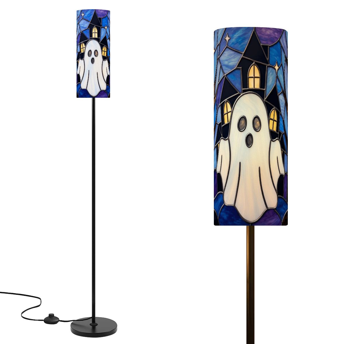 Halloween Stained Glass Style Ghost Haunted House Slim Floor Lamp