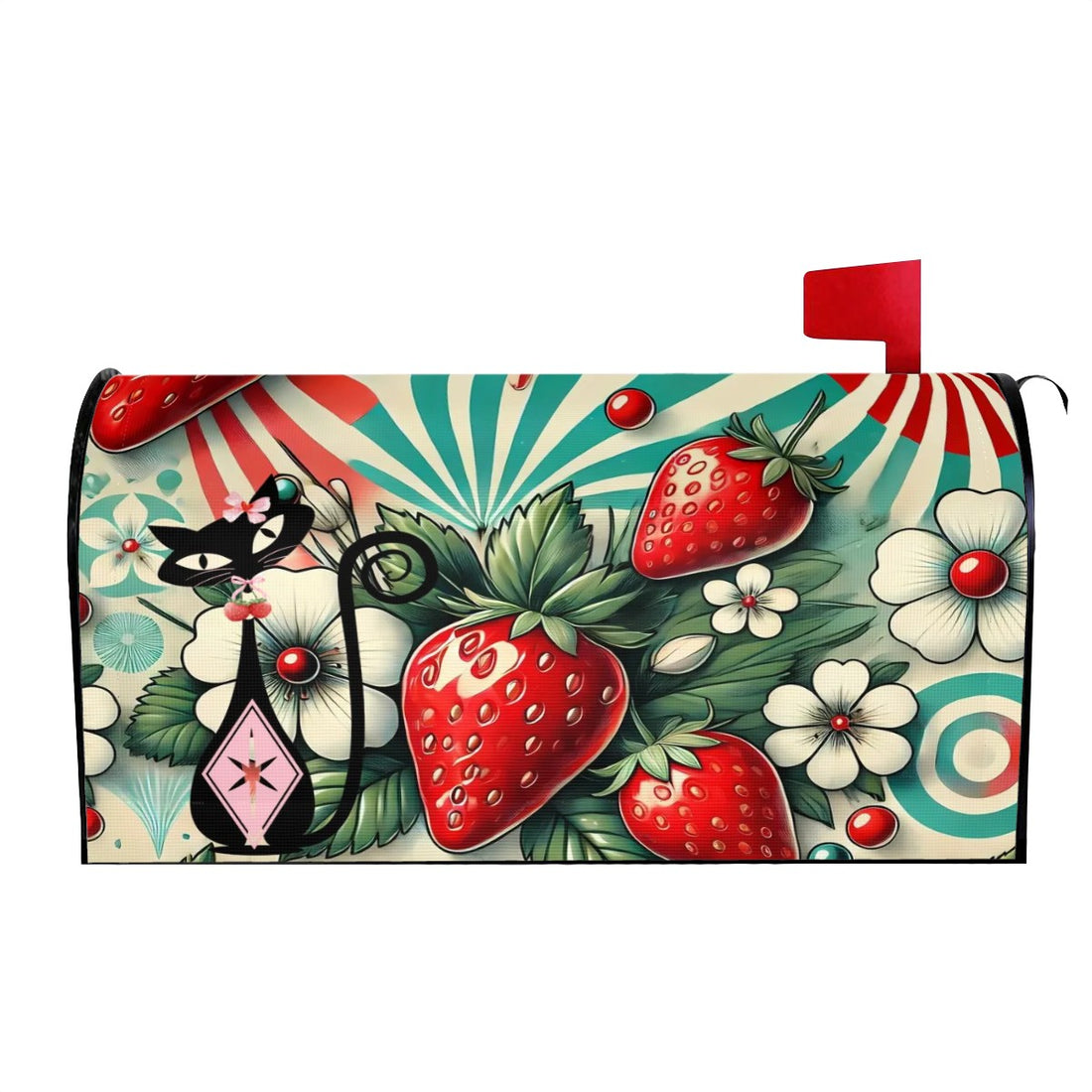 Strawberry Fields Summer Atomic Cat Retro Fun Magnetic Mailbox Covers - Mid Century Modern Gal