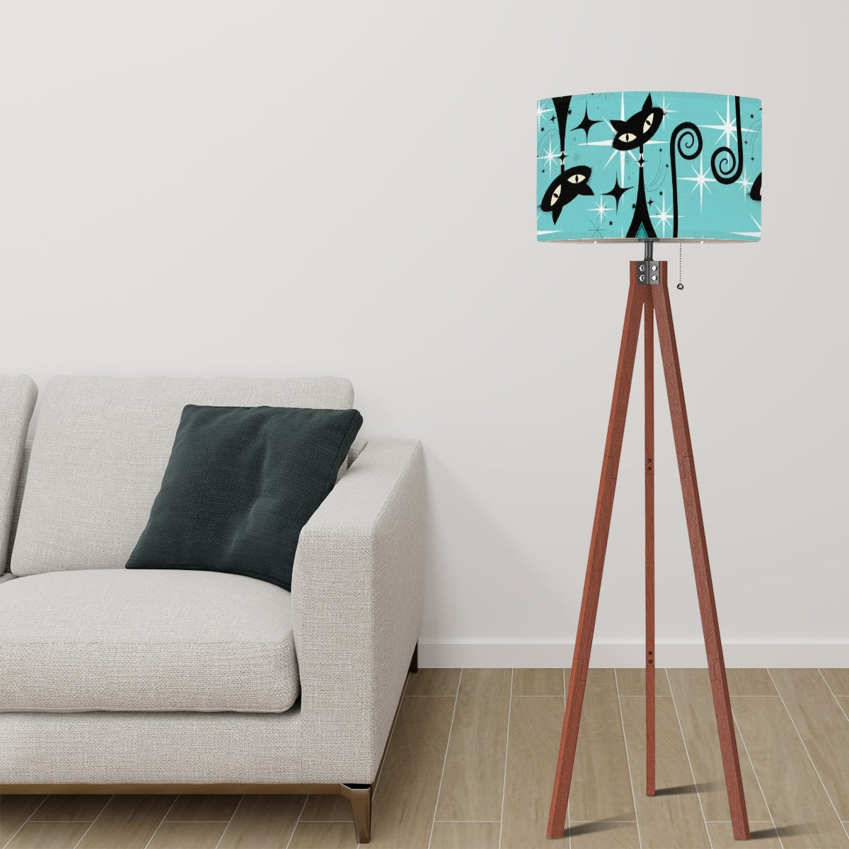 Mid Century Modern Tripod Floor Lamp, Atomic Aqua Starburst, Kitschy Quirky Mod Cats - Mid Century Modern Gal