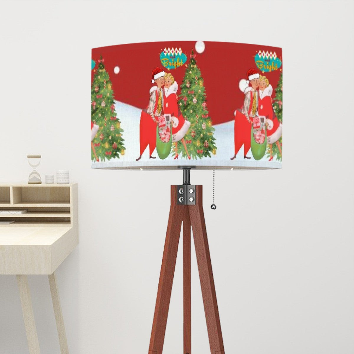 Kitschy Retro Holiday Red, Vintage Christmas Couple Tripod Floor Lamp Shade ONLY