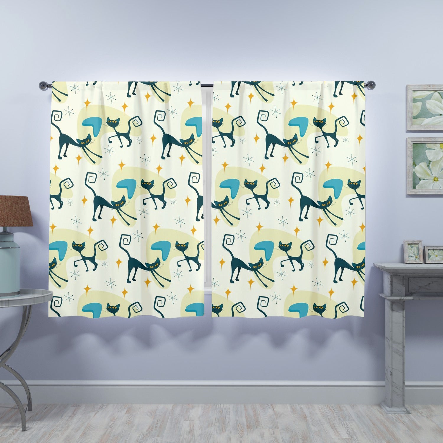 Atomic Cat Mid Century Modern Window Curtains (two panels)