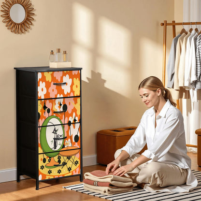 Retro Groovy Cat, Flower Power 70s Vibe, Kitschy Mid Mod 4-Drawer Dresser - Mid Century Modern Gal