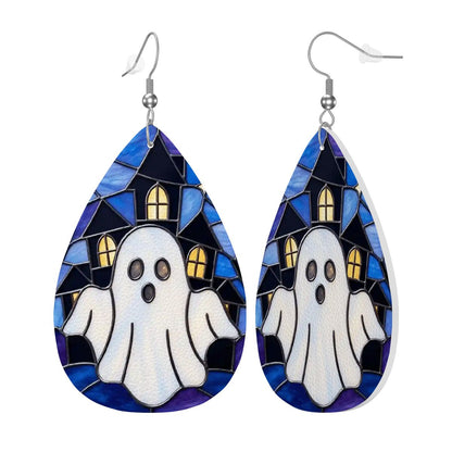Halloween Stained Glass Style Ghost Haunted House Vegan Leather Teardrop Earrings