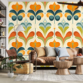 Scandinavian Floral Orange Blue, Green, Mid Mod Peel And Stick Wall Murals - Mid Century Modern Gal