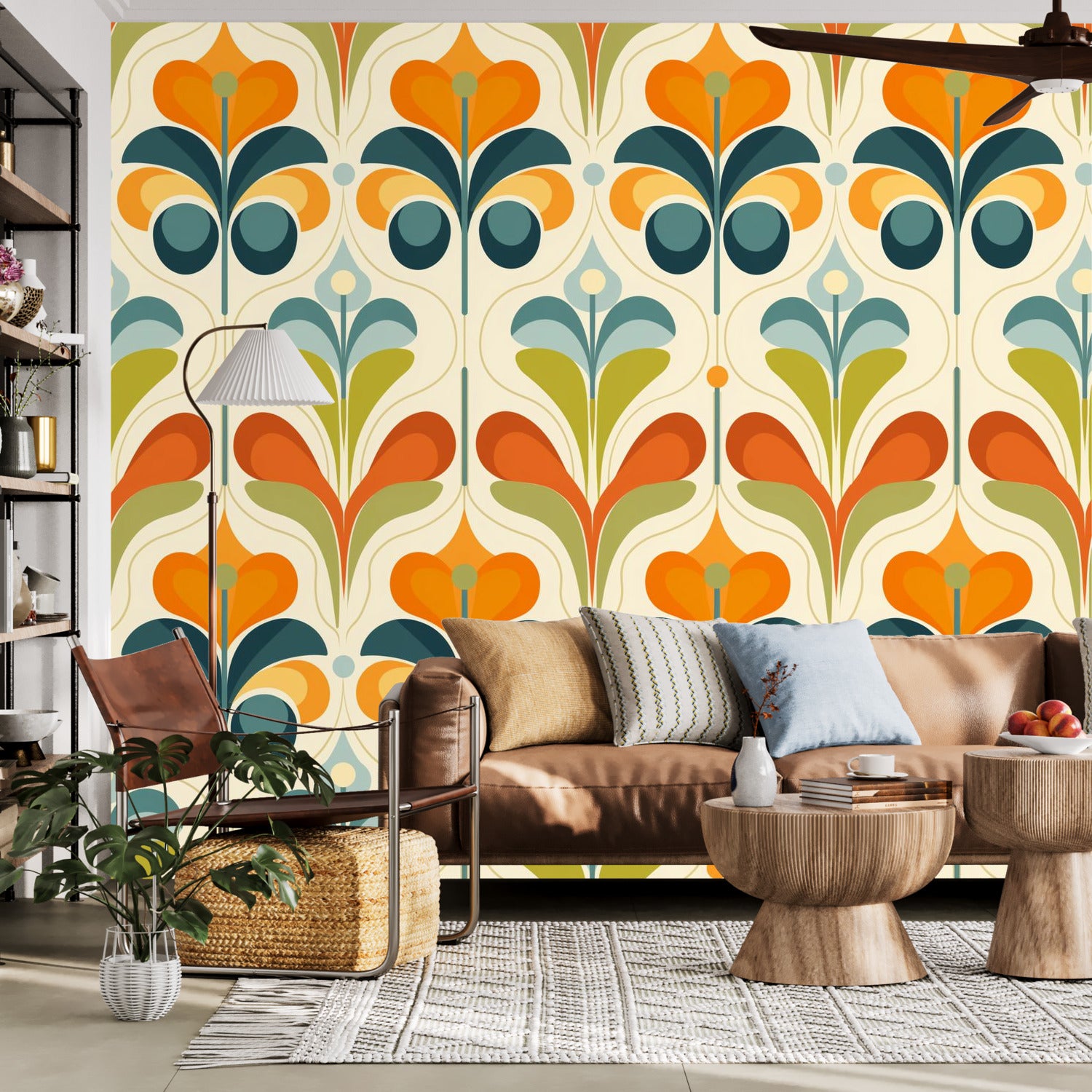 Scandinavian Floral Orange Blue, Green, Mid Mod Peel And Stick Wall Murals - Mid Century Modern Gal