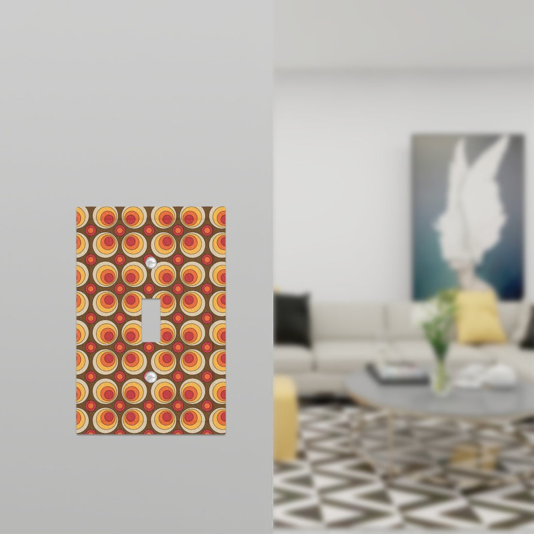 Retro Groovy Space Orbs, Orange Brown Faux Leather Texture Switch Cover 1-Gang 1 Toggle - Mid Century Modern Gal