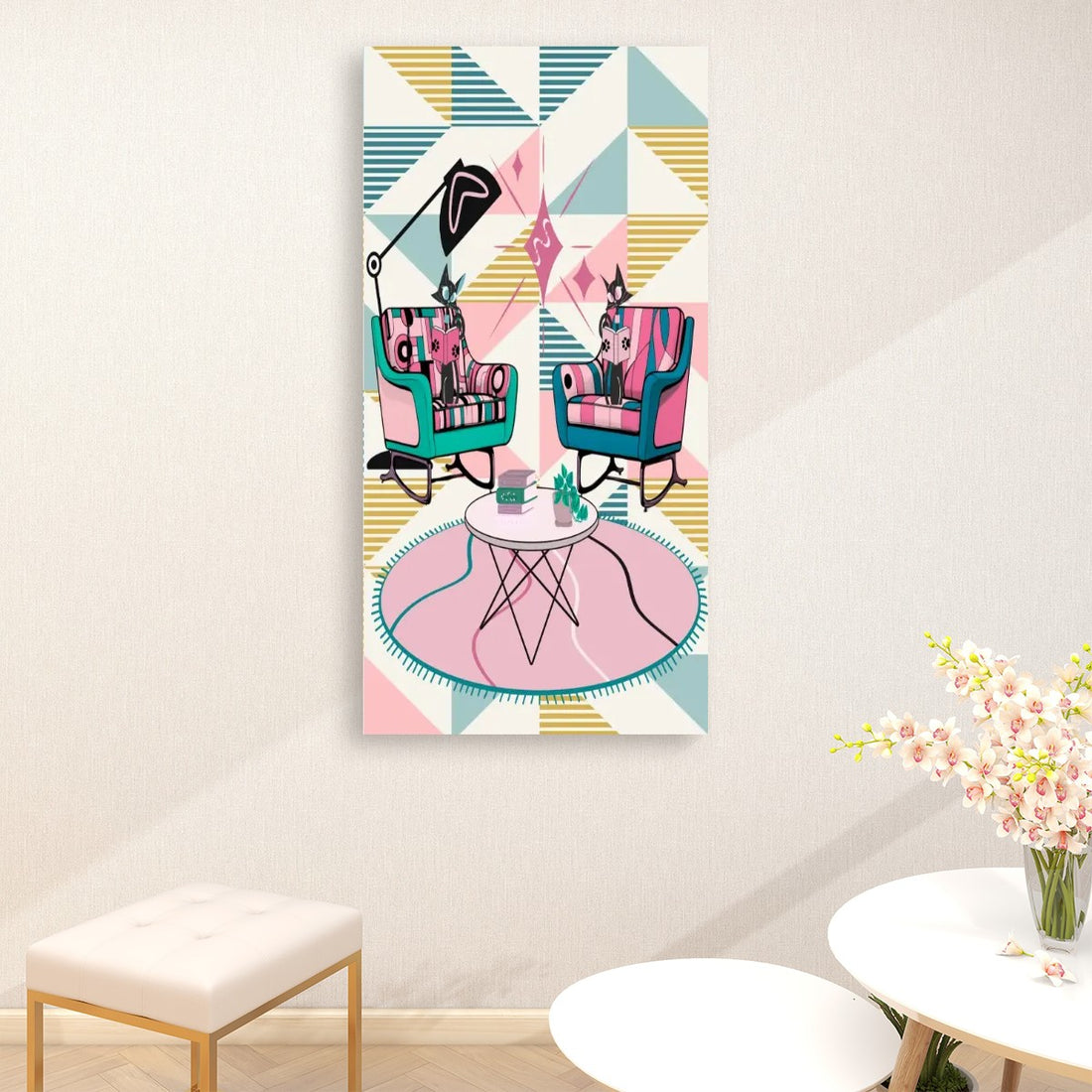 Atomic Reading Cats Art, Mid Century Modern Kitschy Mod Large Canvas Print - Mid Century Modern Gal