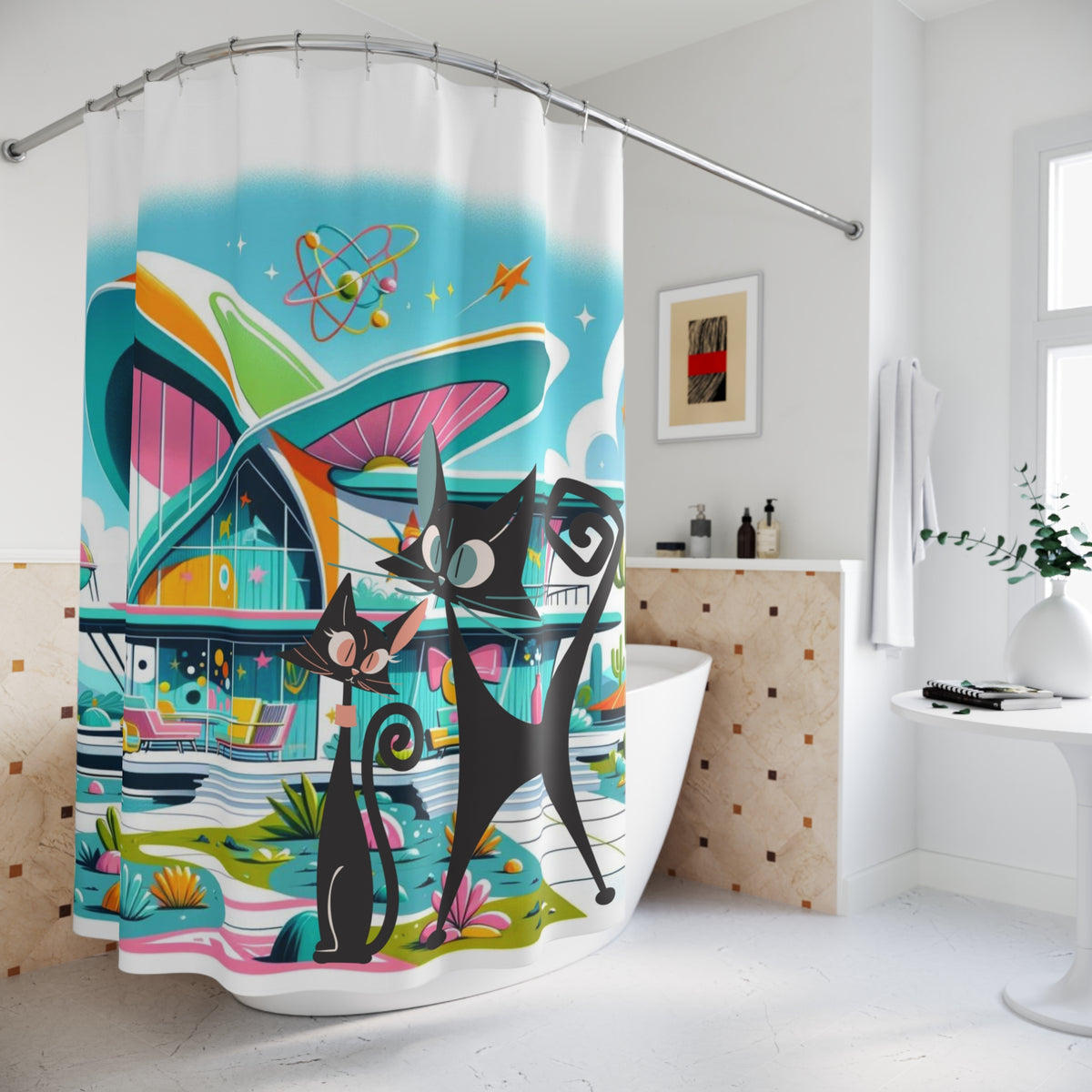 Atomic Cat Shower Curtain, Mid Century Modern Googie Designed, Pink, Aqua, Lime Green, Blue Kitschy Cute New Home Gifts - Mid Century Modern Gal