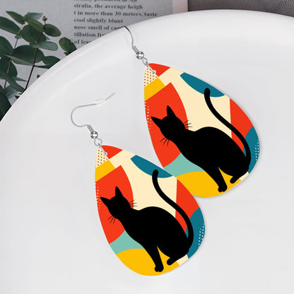 Pop Art Black Atomic Cats, Red Blue Yellow, Vegan Leather Teardrop Earrings - Mid Century Modern Gal