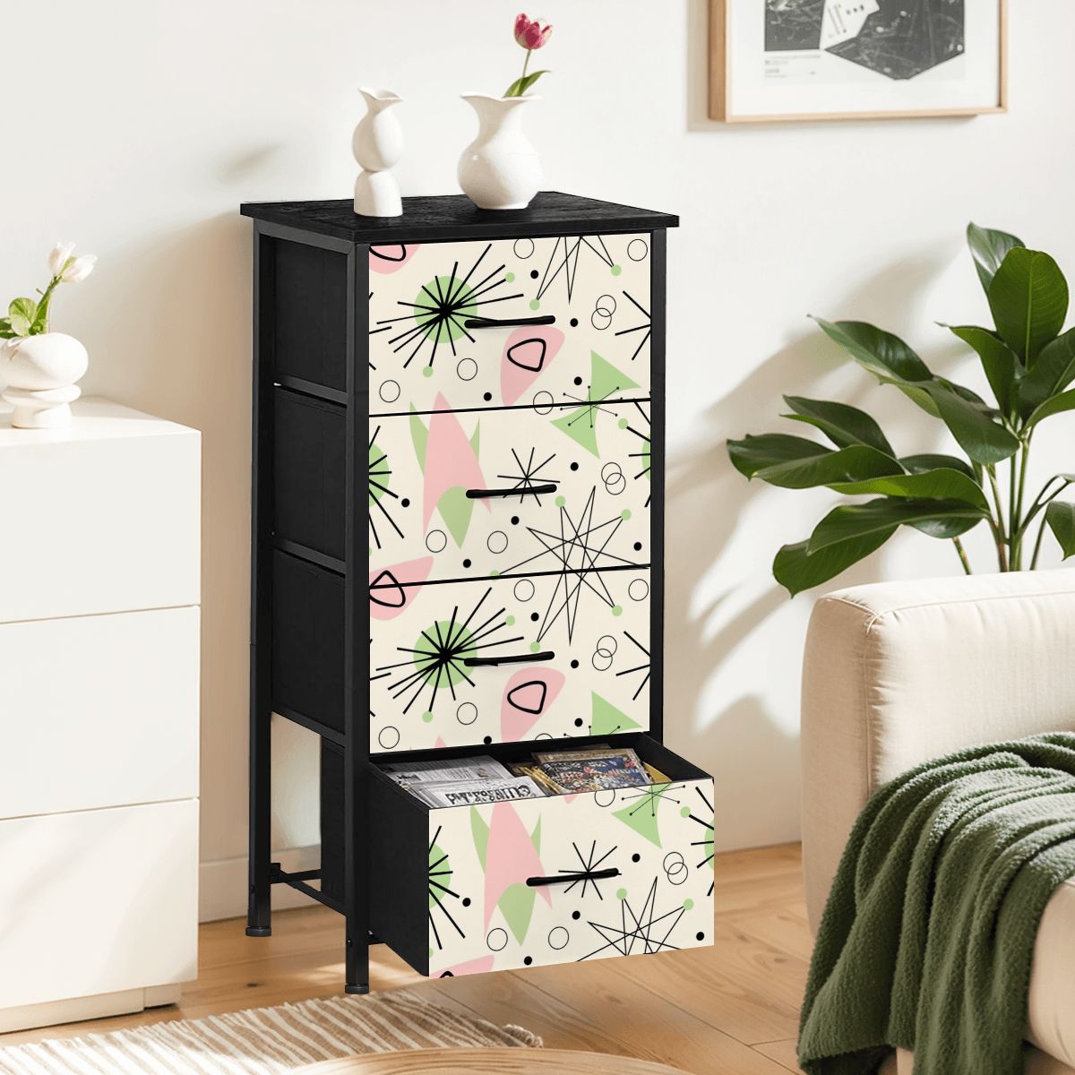 Mid Century Modern Atomic Starburst Vanilla White Pink Green 4-Drawer Dresser - Mid Century Modern Gal