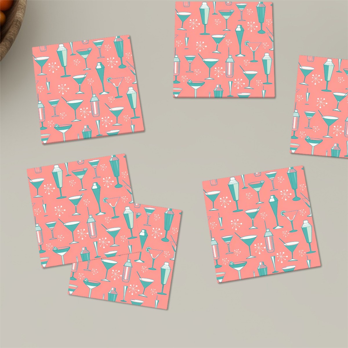 Palm Springs Cali Martini Bar Kitschy Mid Century Coral Aqua Square Ceramic Coasters Set of 6 - Mid Century Modern Gal