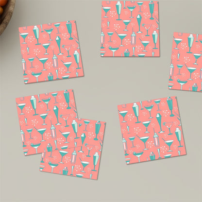 Palm Springs Cali Martini Bar Kitschy Mid Century Coral Aqua Square Ceramic Coasters Set of 6 - Mid Century Modern Gal
