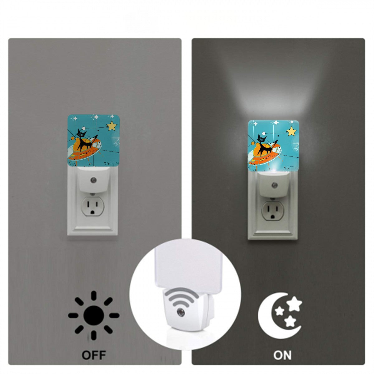 Atomic Space Cat Mid Century Modern Quirky Cute MCM LED Night Light Set of 2