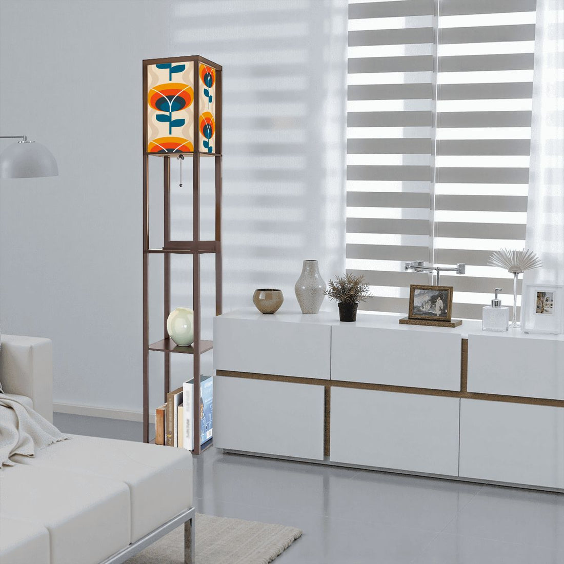 Scandinavian Flower Orange Blue, Retro Mid Century Modern Floor Lamp With Shelves - Mid Century Modern Gal