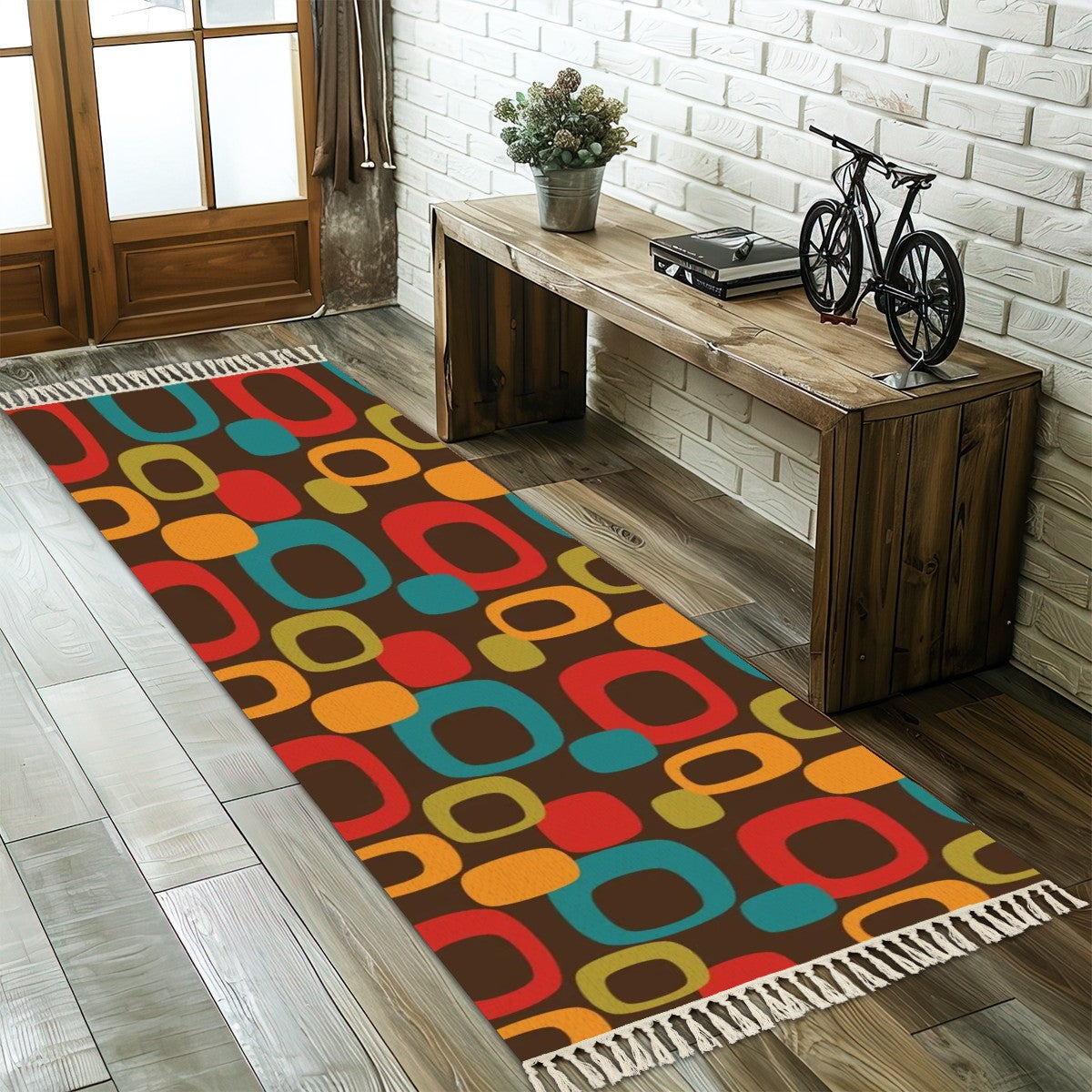 Mid Century Modern Chocolate Brown, Groovy Mod Runner Rug with Tassels - Mid Century Modern Gal