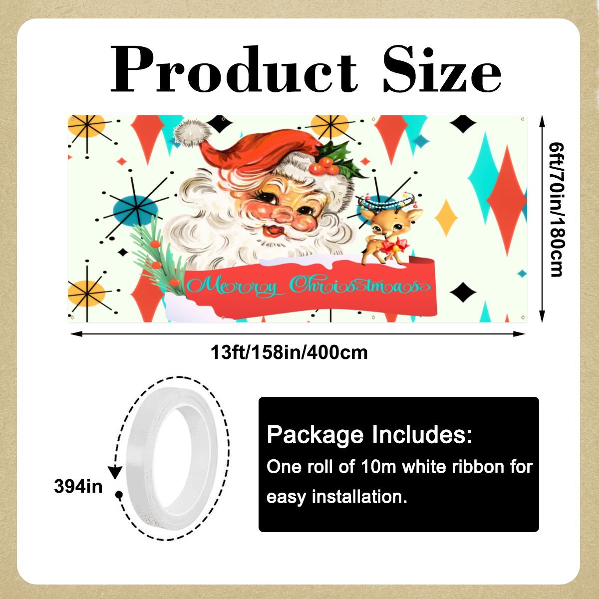 Vintage Smiling Santa, Reindeer Merry Christmas Retro Christmas Franciscan Starburst Garage Door Banner Backdrop - Mid Century Modern Gal