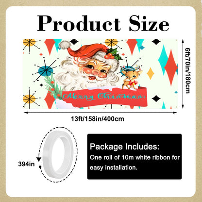 Vintage Smiling Santa, Reindeer Merry Christmas Retro Christmas Franciscan Starburst Garage Door Banner Backdrop - Mid Century Modern Gal